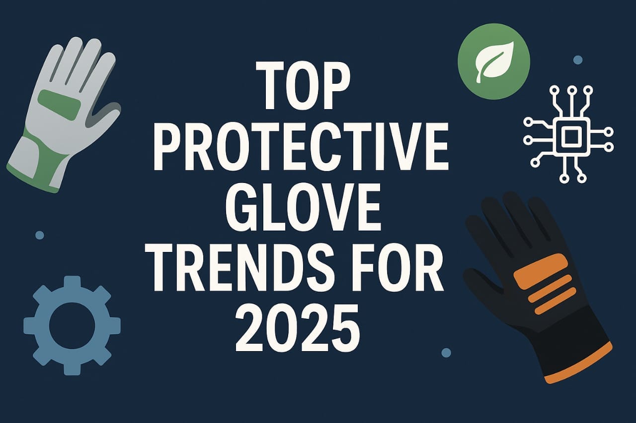 Digital graphic showcasing top protective glove trends for 2025, featuring modern glove designs, eco-friendly icons, smart technology symbols, and bold typography with a futuristic theme.